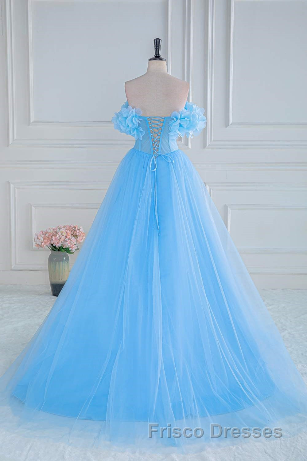 Light Blue Flowers Off-Shoulder A-line Long Formal Prom Dress with Slit