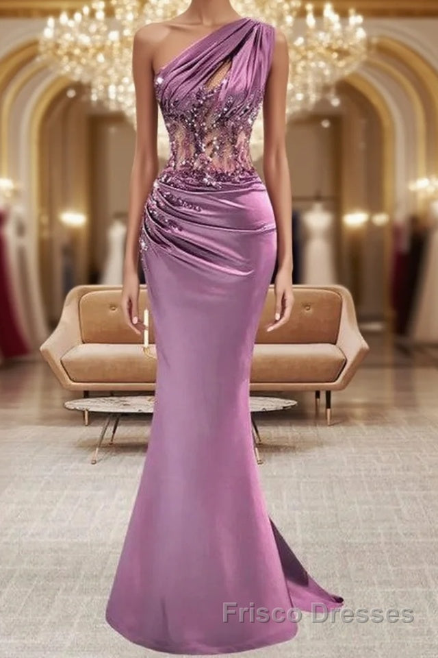 Lilac One Shoulder Mermaid Formal Prom Dresses with Beads Main image