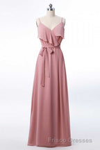 Mauve Pink Chiffon Spaghetti Straps Ruffled A-Line Bridesmaid Dress
