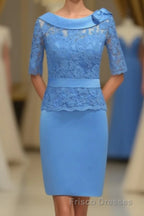 Blue Lace Crew Neck Half Sleeve Short Mother of the Bride Dress