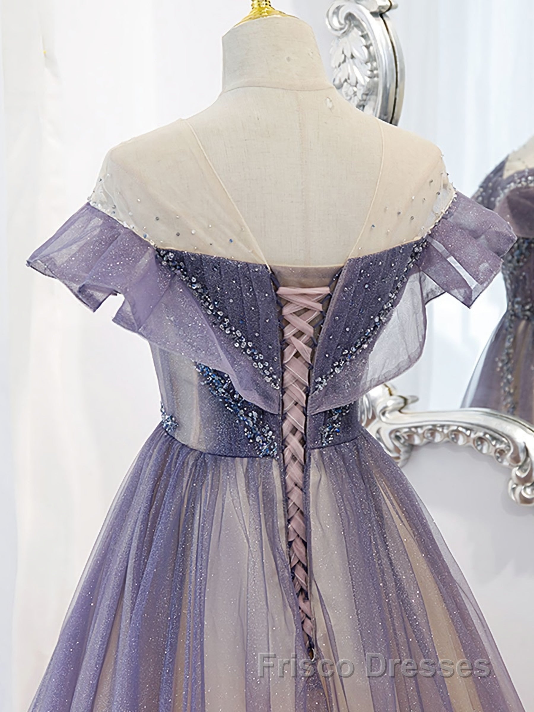 Purple Off Shoulder Tulle Sequin Long Formal Prom Dress, Purple Evening Dress