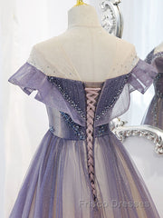 Purple Off Shoulder Tulle Sequin Long Formal Prom Dress, Purple Evening Dress