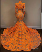 Hot Orange High neck Long Sleeves Mermaid Sequin Formal Prom Dress