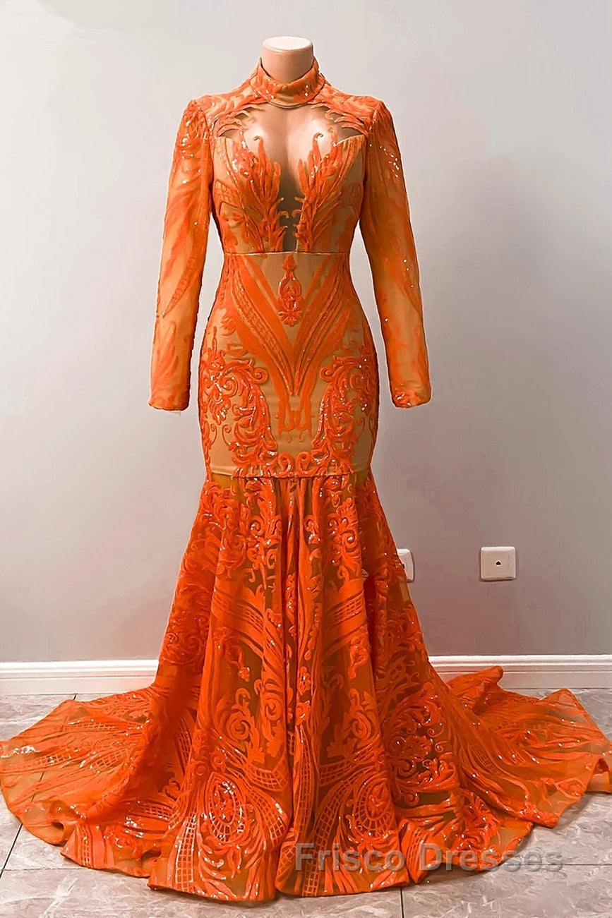 Hot Orange High neck Long Sleeves Mermaid Sequin Formal Prom Dress