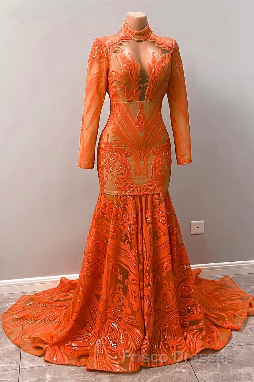 Hot Orange High neck Long Sleeves Mermaid Sequin Formal Prom Dress