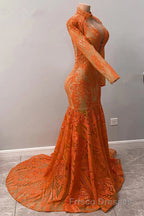 Hot Orange High neck Long Sleeves Mermaid Sequin Formal Prom Dress