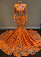 Hot Orange High neck Long Sleeves Mermaid Sequin Formal Prom Dress