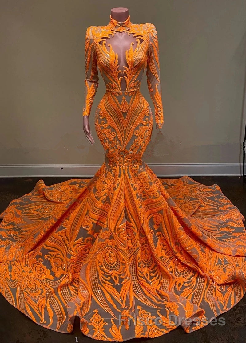 Hot Orange High neck Long Sleeves Mermaid Sequin Formal Prom Dress