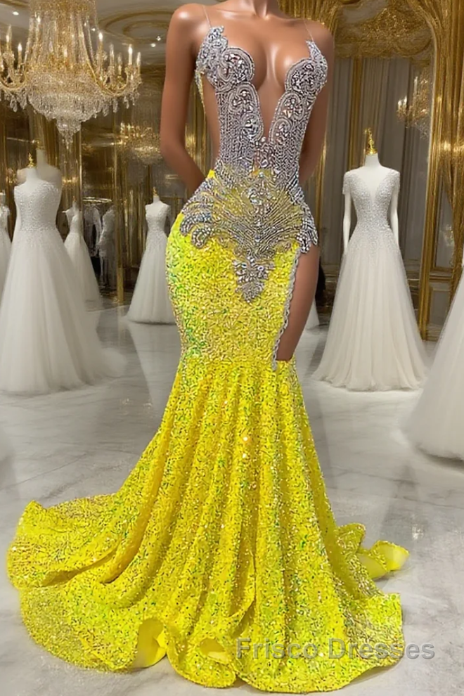 Round neck Silver Beaded Mermaid Yellow Sequin Formal Prom Dresses Main image