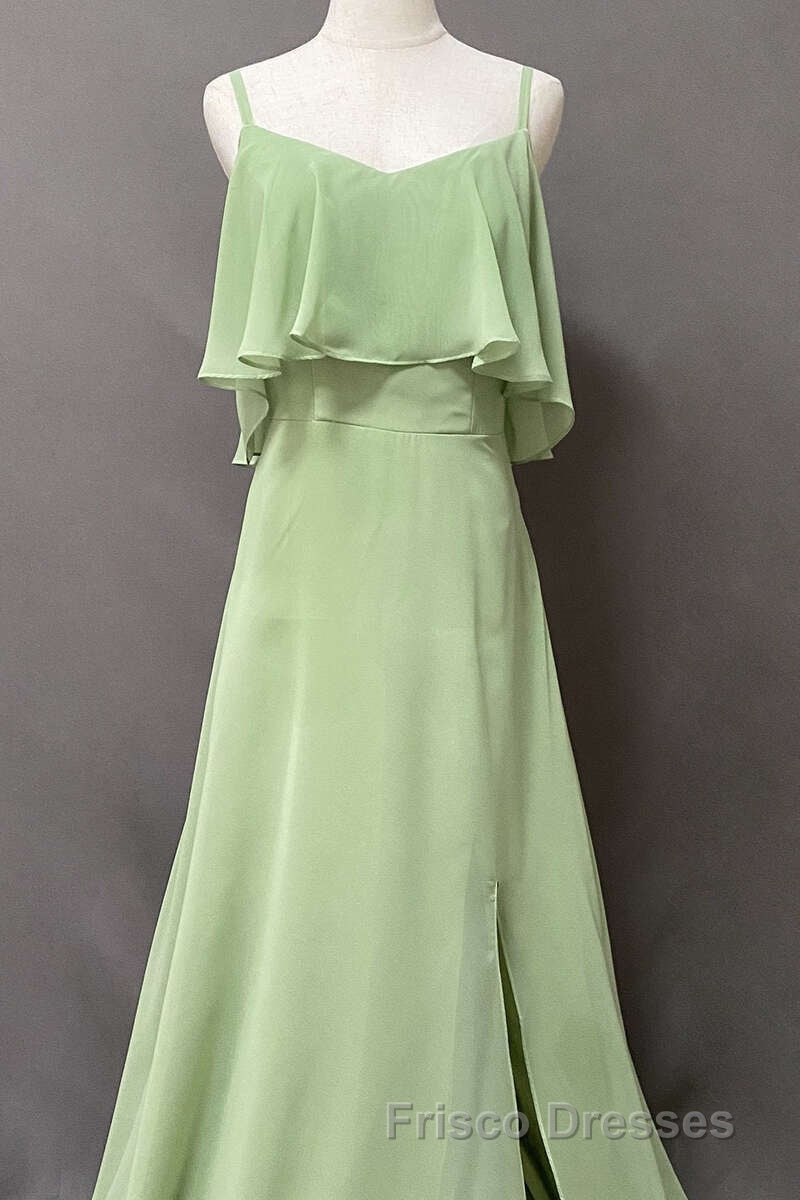 Ruffles Sage Green Straps A-Line Long Bridesmaid Dress with Slit
