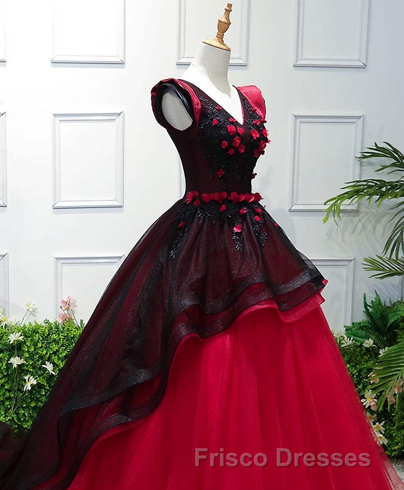 Unique Burgundy V Neck Tulle Long Formal Prom Dress, Burgundy Evening Dress
