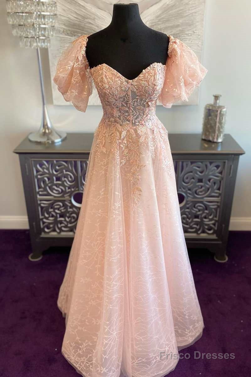 Pink Tulle Sweetheart A-Line Prom Dress with Puff Sleeves Main image