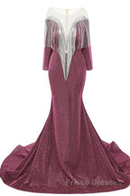 Deep V-neck Shiny Royal Blue Long sleeves Mermaid Formal Prom Dresses