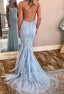 Chic Trumpet Spaghetti Straps With Lace Appliques Light Blue Formal Prom Dress