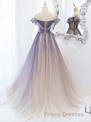 Purple Off Shoulder Tulle Sequin Long Formal Prom Dress, Purple Evening Dress