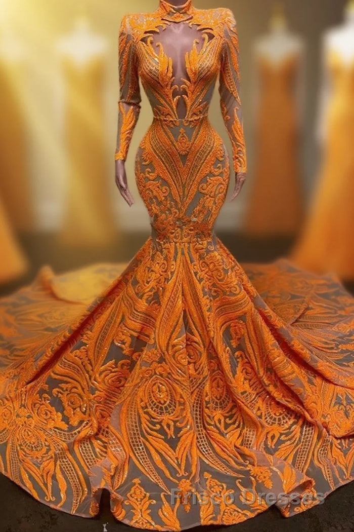 Hot Orange High neck Long Sleeves Mermaid Sequin Formal Prom Dress