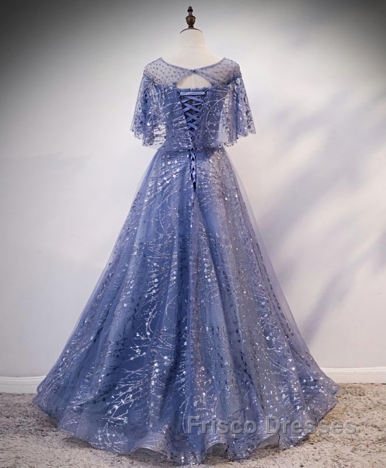 Unique Round Neck Tulle Lace Long Formal Prom Dress, Blue Lace Evening Dress Secondary image