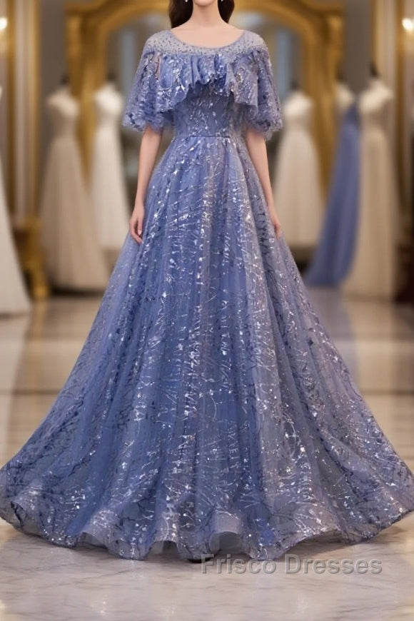 Unique Round Neck Tulle Lace Long Formal Prom Dress, Blue Lace Evening Dress Main image