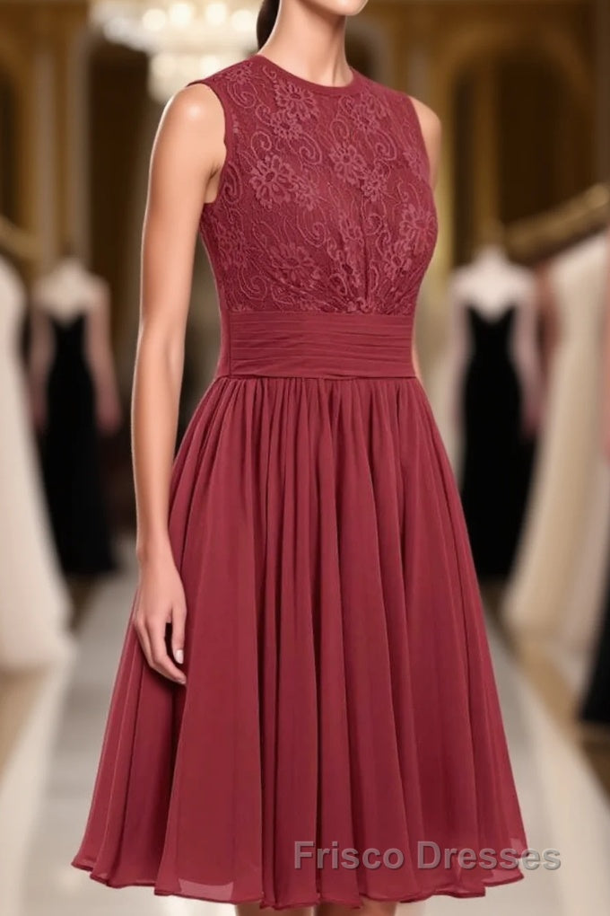 Burgundy Lace Sleeveless Backless A-Line Short Bridesmaid Dress