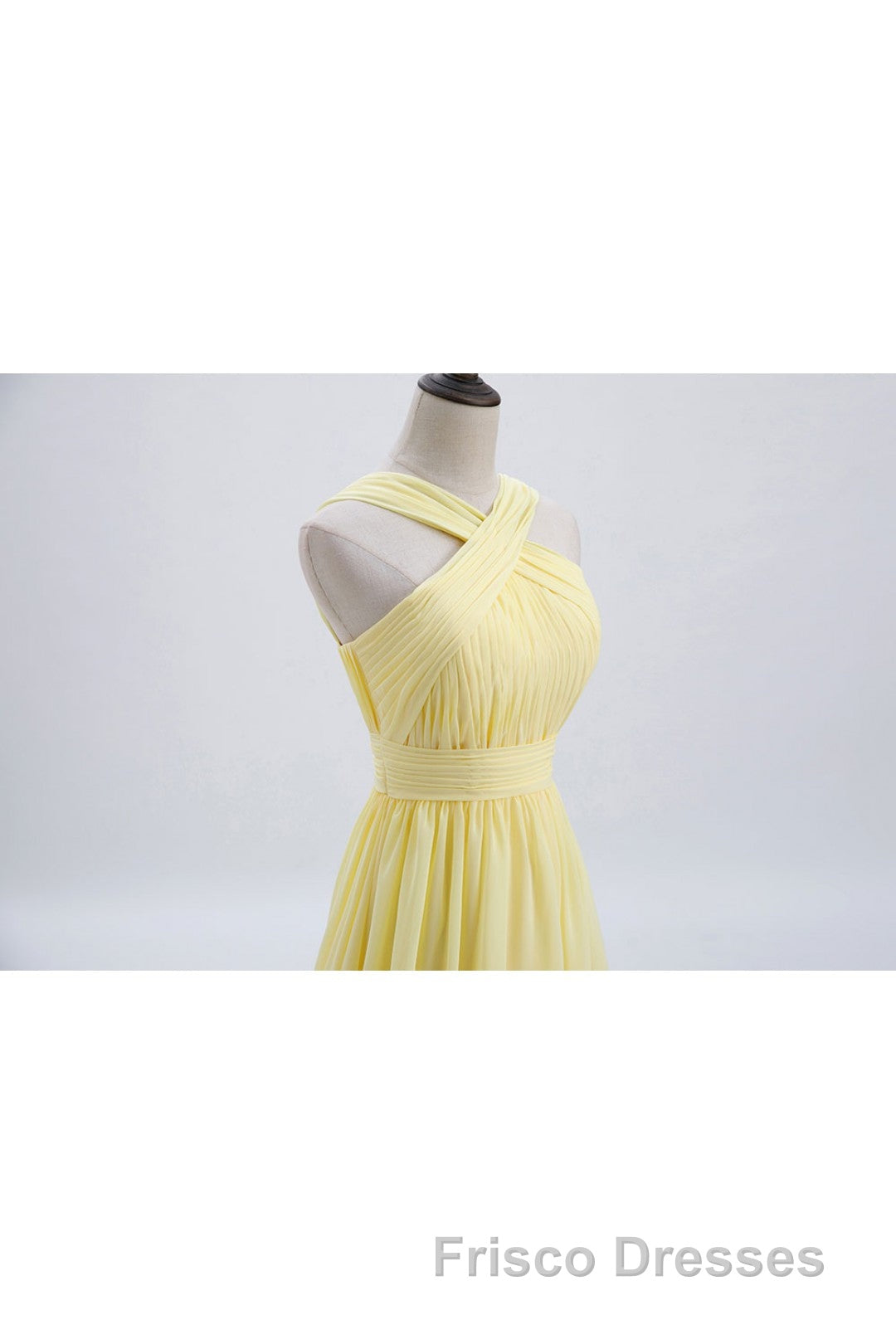 Cross Front Yellow Pleated Chiffon Long Bridesmaid Dress