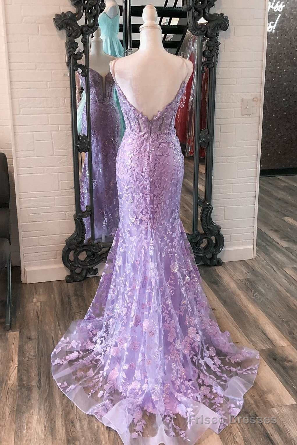 Lavender Floral Appliques Split Neck Mermaid Long Prom Dress Main image