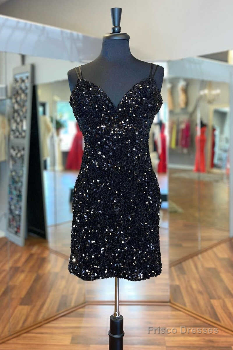 Black Sequins V-Neck Backless Short Party Dress Main image