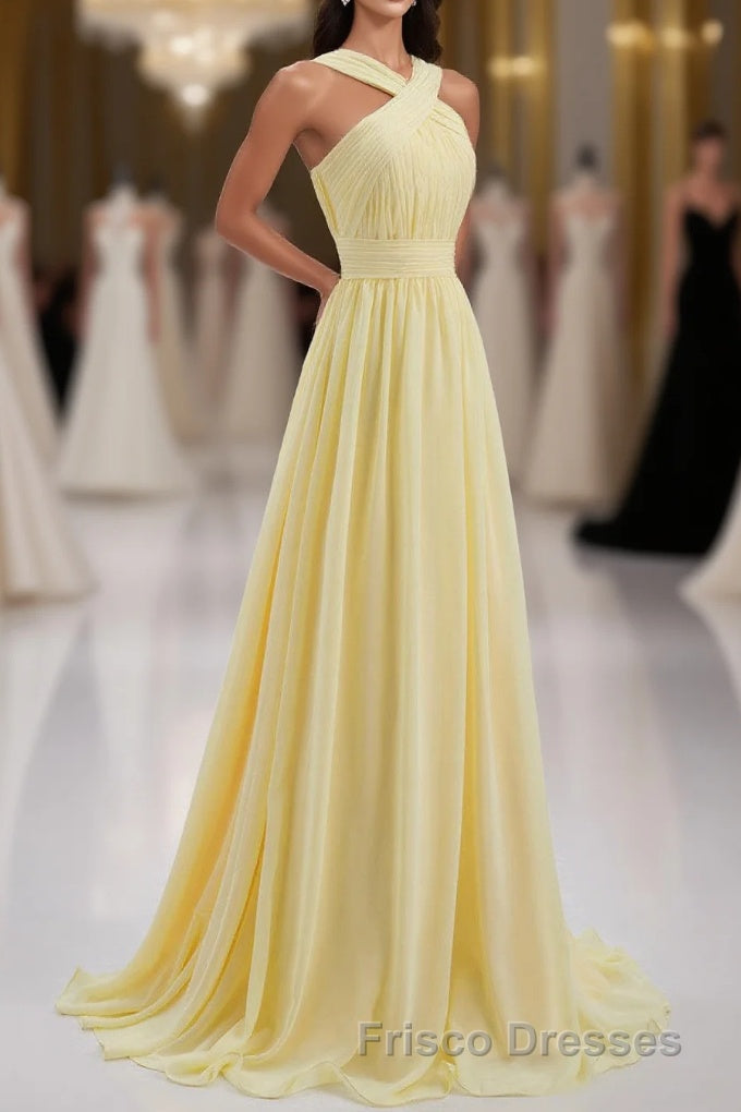 Cross Front Yellow Pleated Chiffon Long Bridesmaid Dress Main image