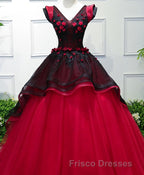 Unique Burgundy V Neck Tulle Long Formal Prom Dress, Burgundy Evening Dress