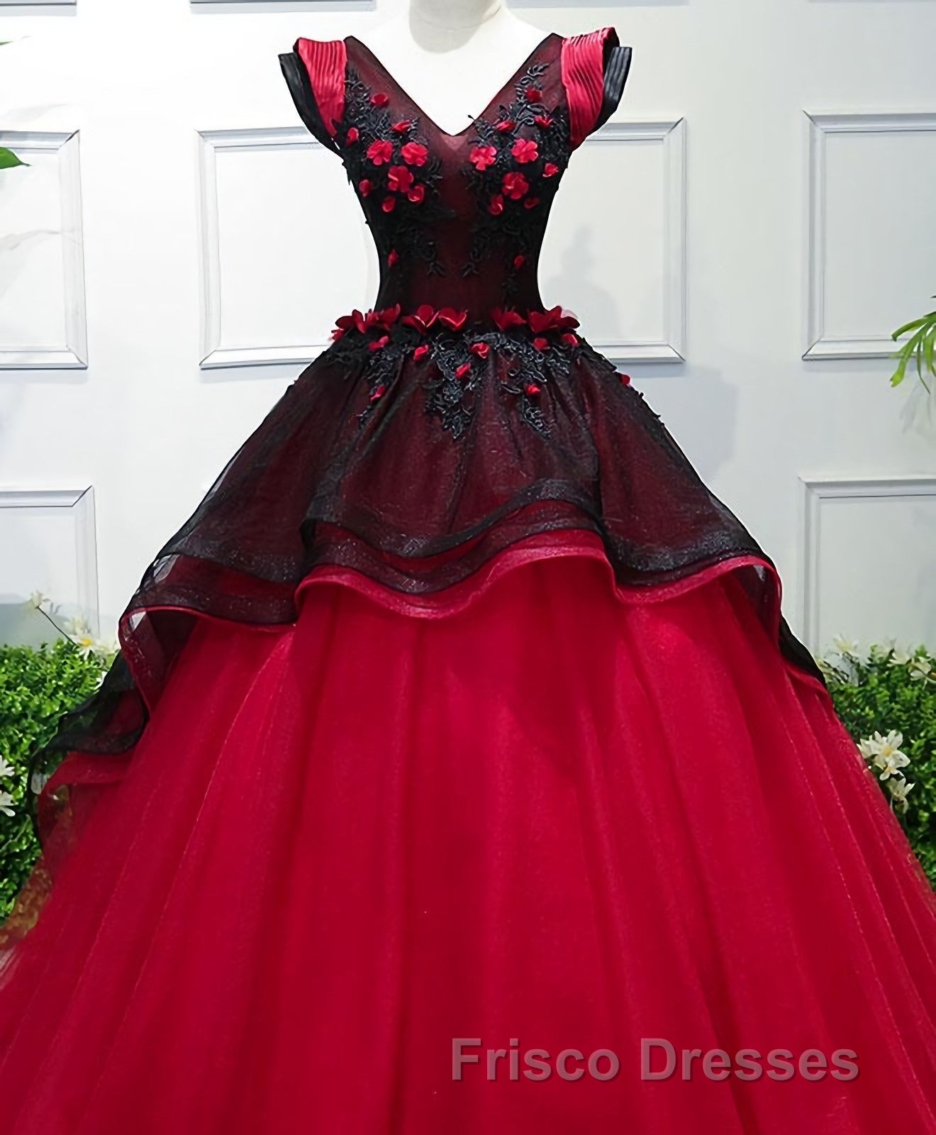 Unique Burgundy V Neck Tulle Long Formal Prom Dress, Burgundy Evening Dress