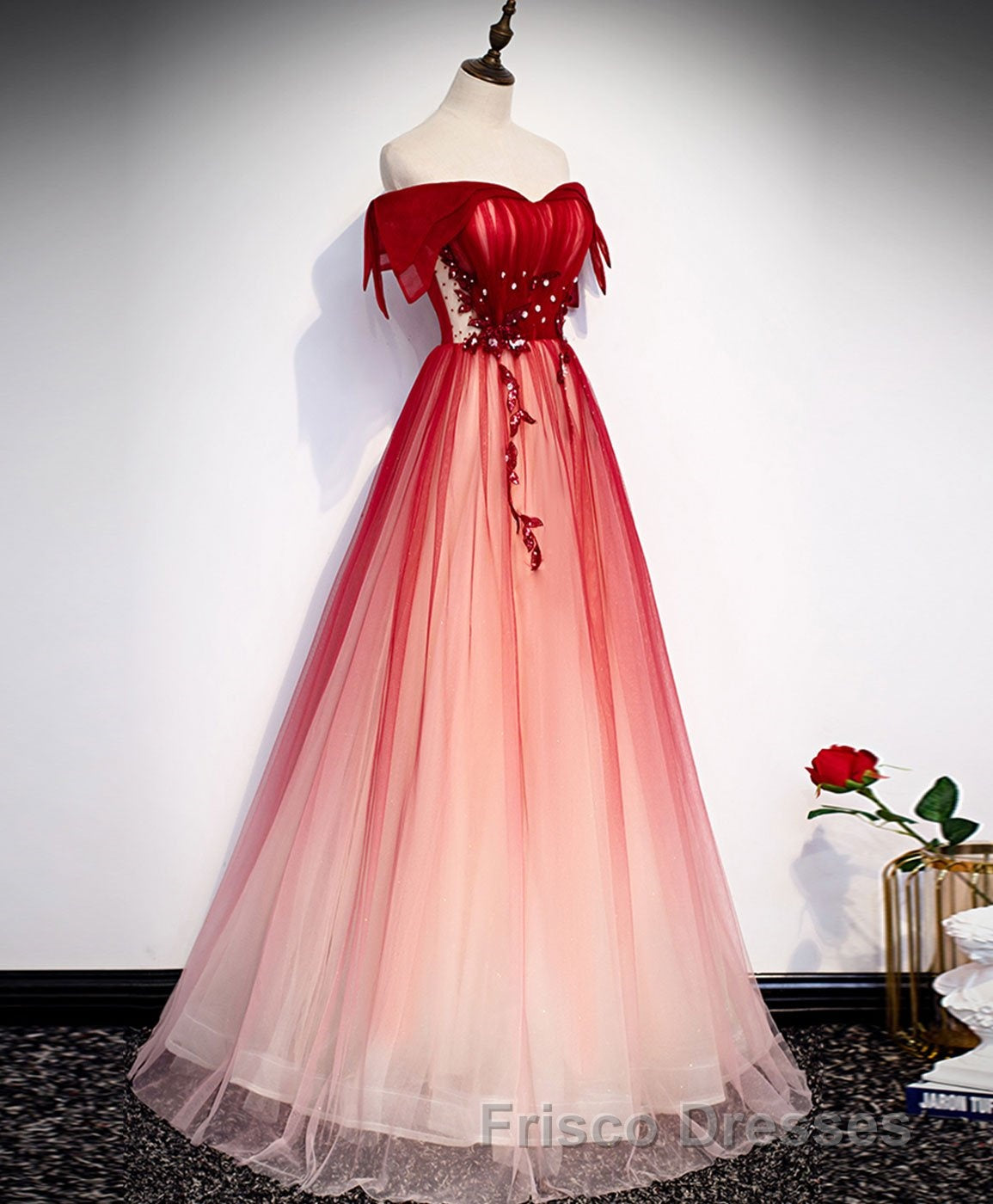 Burgundy Off Shoulder Tulle Long Formal Prom Dress, Burgundy Formal Prom Dress, 1