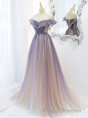Purple Off Shoulder Tulle Sequin Long Formal Prom Dress, Purple Evening Dress