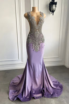 Lilac Mermaid Formal Prom Dresses with Scoop Neckline Sleeveless and Crystal Beadings