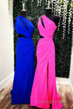 One-Shoulder Keyhole Cutout Mermaid Long Formal Prom Dress with Slit