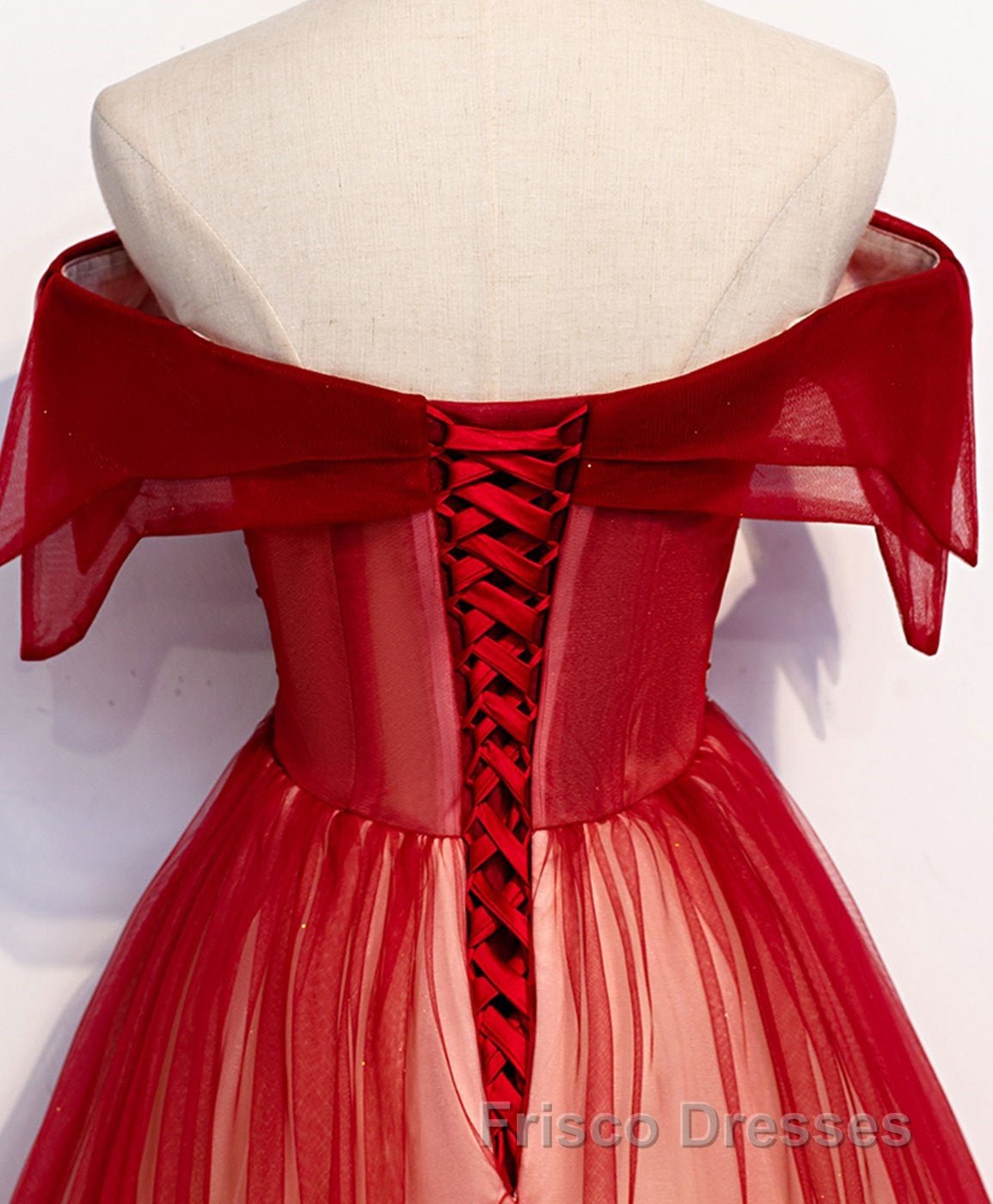 Burgundy Off Shoulder Tulle Long Formal Prom Dress, Burgundy Formal Prom Dress, 1