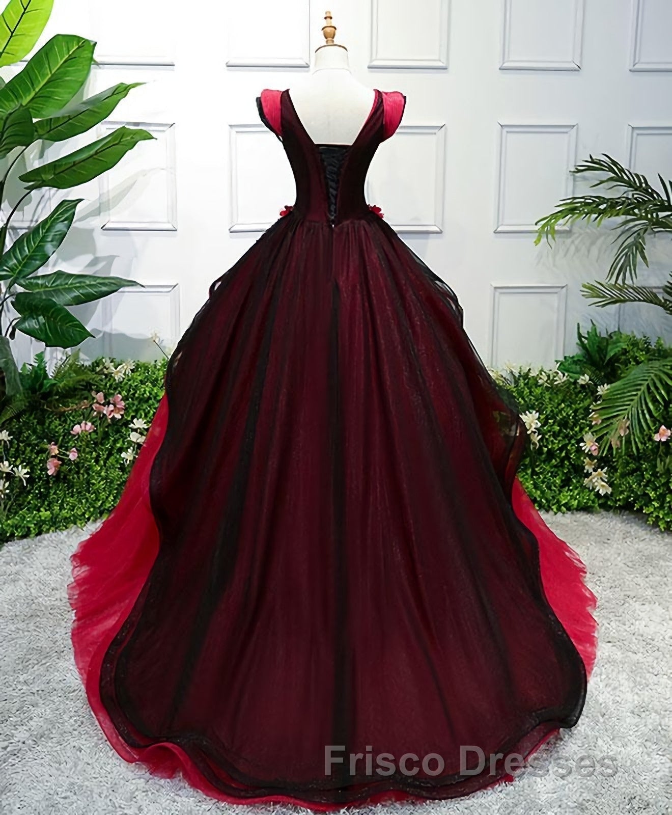 Unique Burgundy V Neck Tulle Long Formal Prom Dress, Burgundy Evening Dress Secondary image