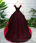 Unique Burgundy V Neck Tulle Long Formal Prom Dress, Burgundy Evening Dress