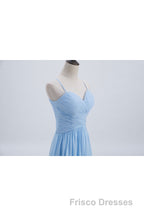 Blue Pleated Straps Chiffon Long Bridesmaid Dress