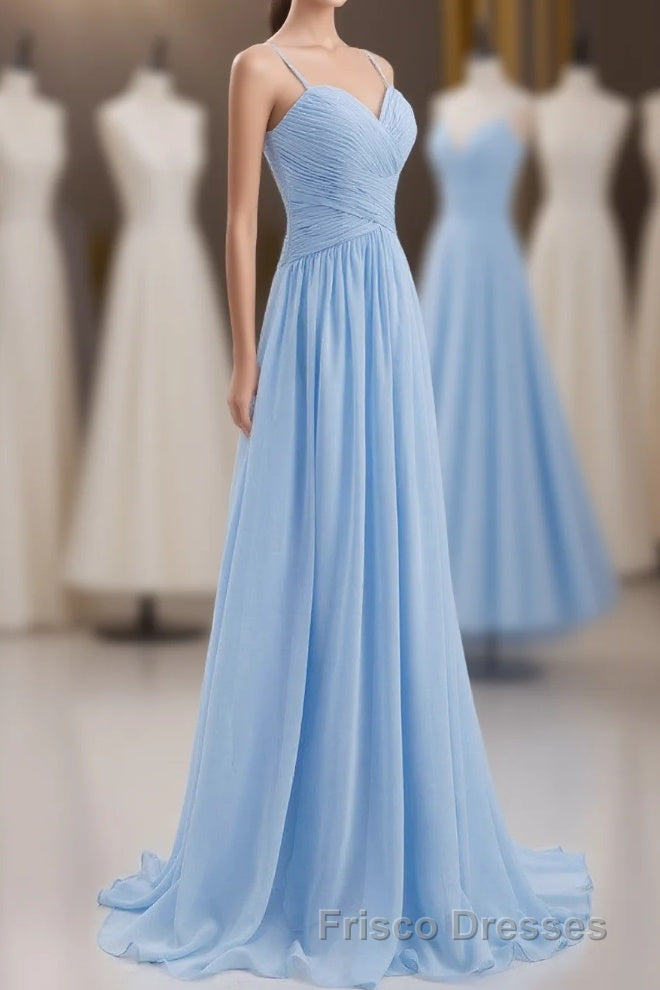 Blue Pleated Straps Chiffon Long Bridesmaid Dress Main image