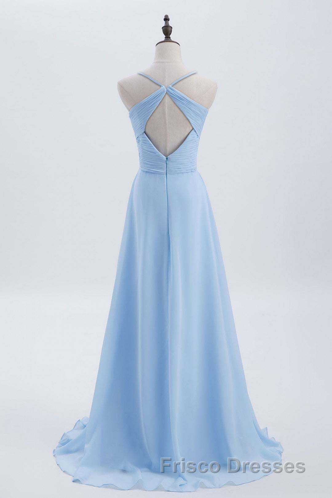 Blue Pleated Straps Chiffon Long Bridesmaid Dress