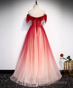 Burgundy Off Shoulder Tulle Long Formal Prom Dress, Burgundy Formal Prom Dress, 1