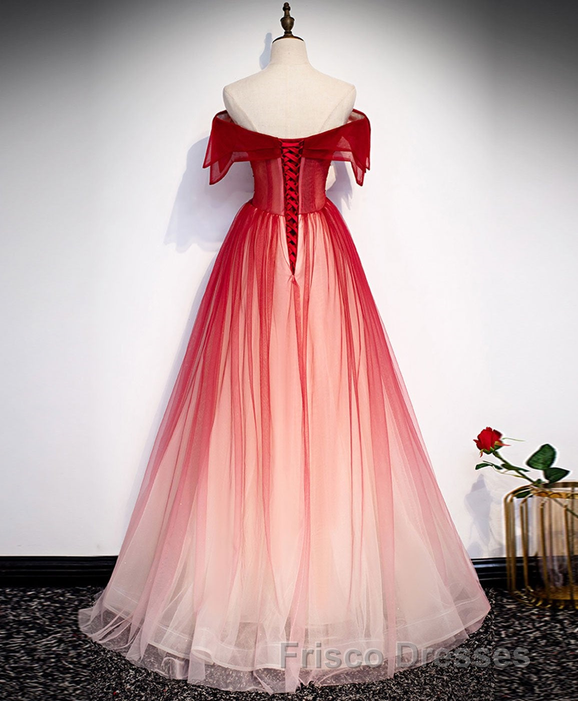Burgundy Off Shoulder Tulle Long Formal Prom Dress, Burgundy Formal Prom Dress, 1