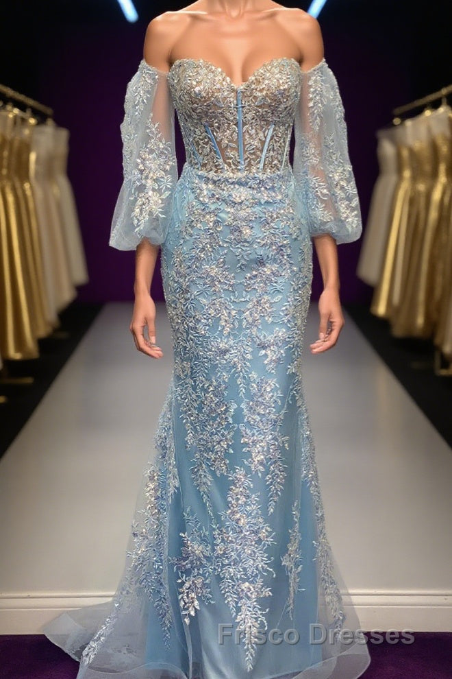 Light Blue Off-Shoulder Floral Appliques Mermaid Long Formal Prom Dress Main image