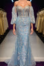 Light Blue Off-Shoulder Floral Appliques Mermaid Long Formal Prom Dress