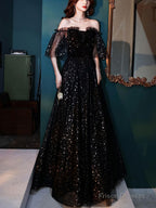 Black Tulle Off Shoulder Tulle Long Prom Dress, Black Evening Dress