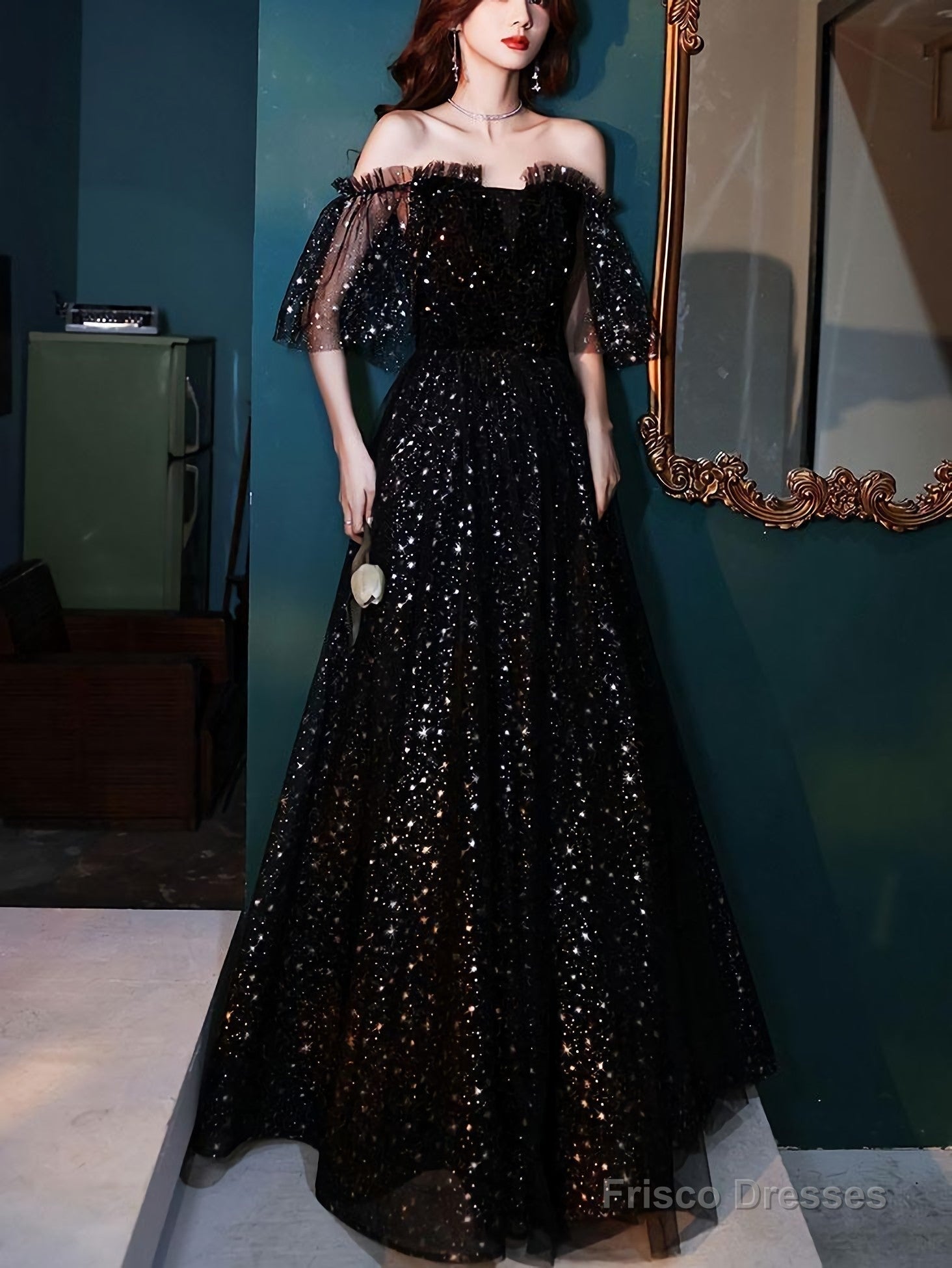 Black Tulle Off Shoulder Tulle Long Prom Dress, Black Evening Dress