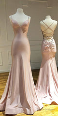 Mermaid Trumpet Prom Dress, Pink Satin Criss Cross Long Evening Gowns 2891