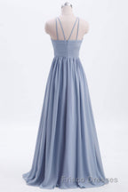 Misty Blue Scoop Chiffon A-line Long Bridesmaid Dress