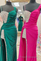 Asymmetrical Magenta Beaded Long Formal Prom Dress with Attached Train