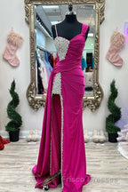 Asymmetrical Magenta Beaded Long Formal Prom Dress with Attached Train