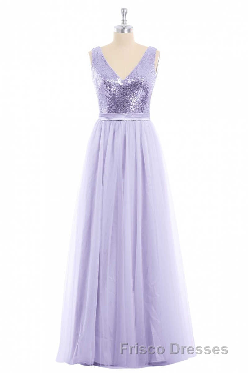 Lavender Sequin V-Neck Backless A-Line Long Dress